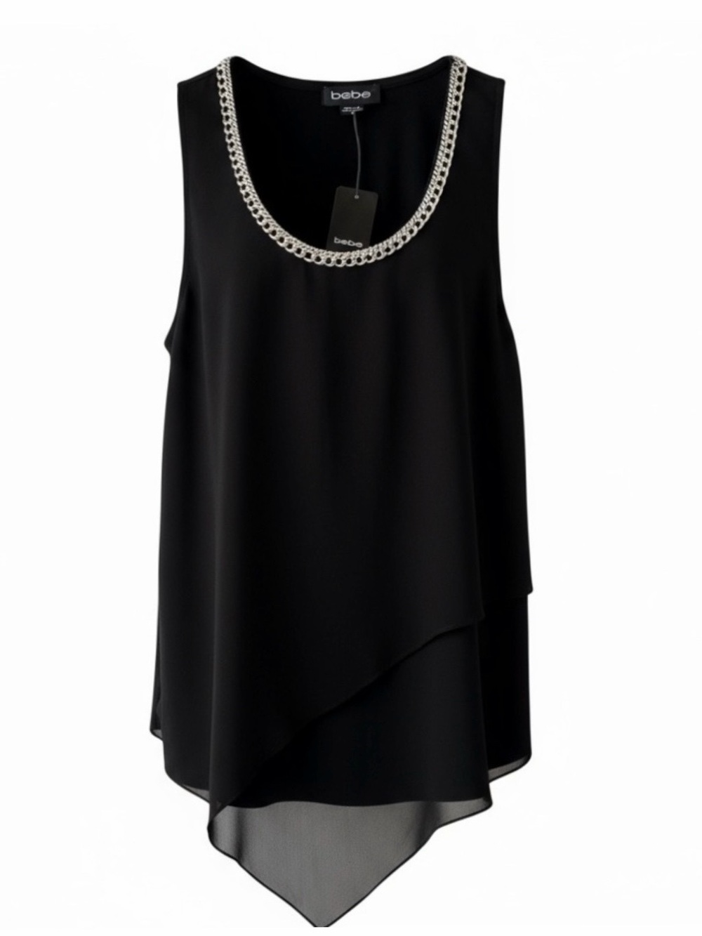 bebe Black Layered Sleeveless Tank with Gold Chain Trim Size Small